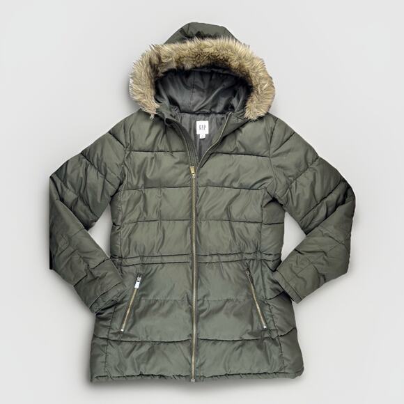 GAP Womens Midweight Puffer Jacket Faux Fur Hood Large TALL Green Zip Up Classic - Picture 1 of 11